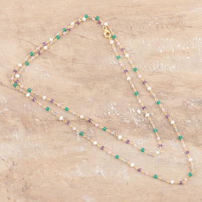 Gold-plated multi-gemstone beaded necklace, 'In Sync' - Gold-Plated Green Onyx and Amethyst Beaded Necklace