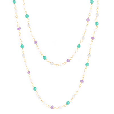 Gold-plated multi-gemstone beaded necklace, 'In Sync' - Gold-Plated Green Onyx and Amethyst Beaded Necklace