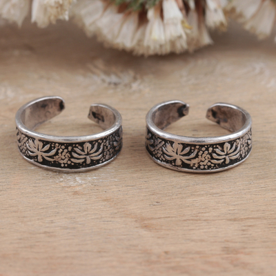 Sterling silver toe rings, 'Magic Lotus' (Pair) - Handcrafted Sterling Silver Toe Rings with Lotus (Pair)