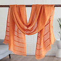 Linen shawl, 'Dreams in Orange' - Orange Linen Shawl Made in India