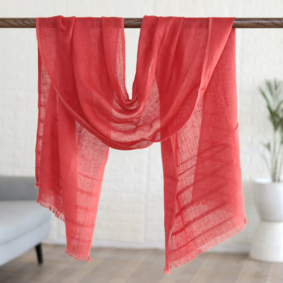 Linen shawl, 'Dreams in Strawberry' - Linen Shawl in a Strawberry Tone Made in India