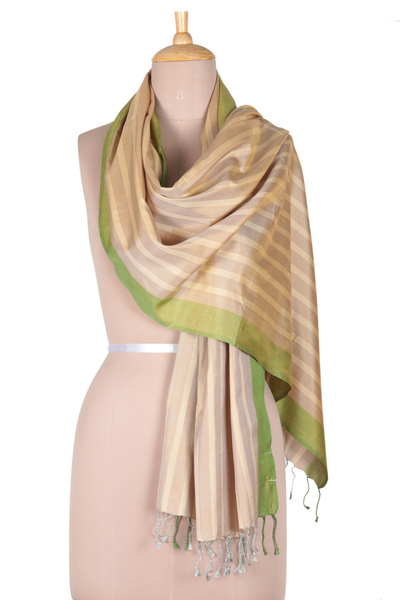 Silk shawl, 'Kiwi Mornings' - Striped Green Silk Shawl Traditionally Handloomed in India