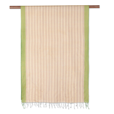 Silk shawl, 'Kiwi Mornings' - Striped Green Silk Shawl Traditionally Handloomed in India
