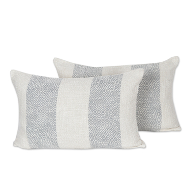 Cotton cushion covers, 'Diamond Elegance in Grey' (pair) - Woven Cotton Cushion Covers in Grey and Ivory (Pair)