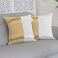 Cotton cushion covers, 'Delhi Sophistication in Honey' (pair) - Amber and Ivory Cotton Cushion Covers (Pair)