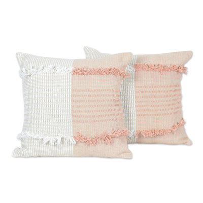 Cotton cushion covers, 'Delhi Sophistication in Peach' (pair) - Fringed Cotton Cushion Covers from India (Pair)