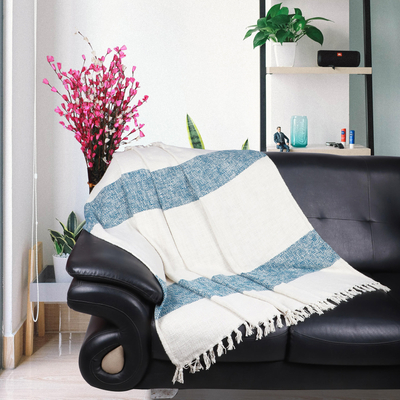 Cotton throw blanket, 'Diamond Elegance in Teal' - Fringed Cotton Throw Blanket from India