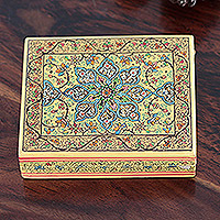 Papier mache decorative box, 'Charming Persia' - Wood Papier Mache Decorative Box in Yellow