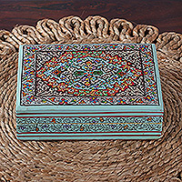 Papier mache decorative box, 'Persian Flower Paradise' - Wood Papier Mache Decorative Box in Blue