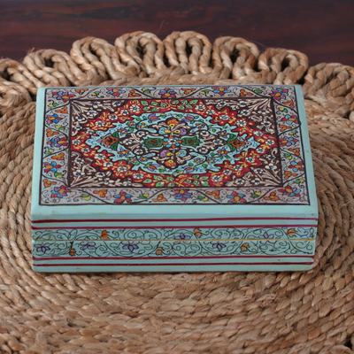 Papier mache decorative box, 'Persian Flower Paradise' - Wood Papier Mache Decorative Box in Blue