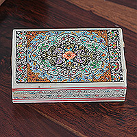 Caja decorativa de papel maché, 'Persian Floral Beauty' - Caja decorativa floral de papel maché de madera en azul