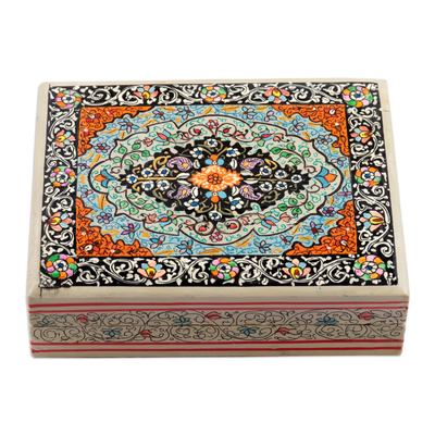 Papier mache decorative box, 'Persian Floral Beauty' - Wood Papier Mache Floral Decorative Box in Blue