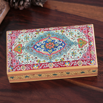 Papier mache decorative box, 'Persian Influence' - Wood Papier Mache Decorative Box Hand-Painted in India