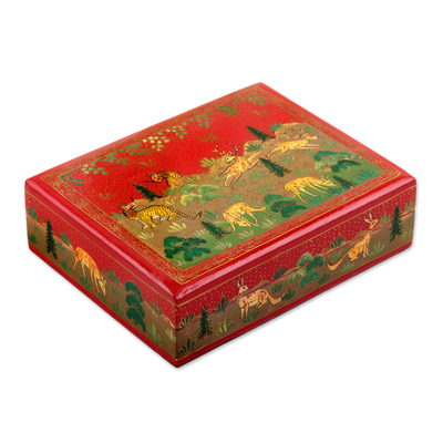 Caja decorativa de papel maché, 'Paraíso salvaje en rojo' - Caja decorativa de papel maché de madera pintada a mano en rojo