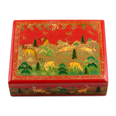 Dekorative Schachtel aus Pappmaché, 'Wildes Paradies in Rot'. - Handbemalte Holz-Pappmaché-Dekoschachtel in Rot