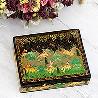 Papier mache decorative box, 'Wild Paradise in Black' - Hand-Painted Wood Papier Mache Decorative Box in Black
