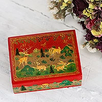 Papier mache decorative box, 'Red Wild Landscape' - Hand-Painted Wood Papier Mache Decorative Box from India