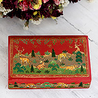 Papier mache decorative box, 'Landscape in Red' - Hand-Painted Red Wood Papier Mache Decorative Box