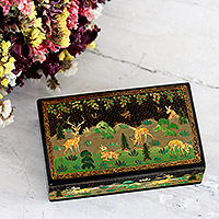 Papier mache decorative box, 'Black Wild Landscape' - Hand-Painted Wood Papier Mache Decorative Box from India