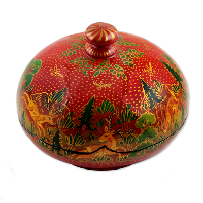 Papier mache decorative box, 'Jungle Scene in Red' - Hand-Painted Red Papier Mache Decorative Box from India