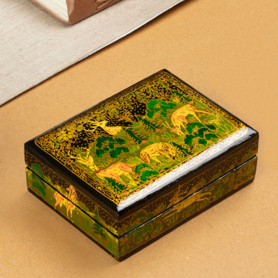 Papier mache decorative box, 'Landscape in Black' - Hand-Painted Black Wood Papier Mache Decorative Box
