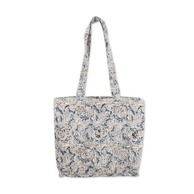 Blue Quilted Cotton Tote Bag with Block-Printed Pattern