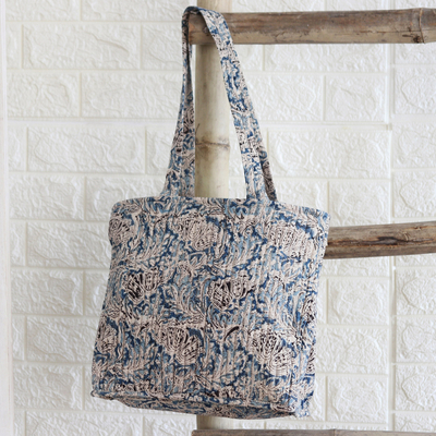 Quilted cotton tote bag, 'Glorious Blue' - Blue Quilted Cotton Tote Bag with Block-Printed Pattern