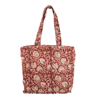 Quilted cotton tote bag, 'Red Elegance' - Red Quilted Cotton Tote Bag with Block-Printed Pattern
