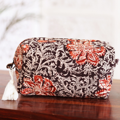 Cotton cosmetic bag, 'Floral and Traditional' - Indian Floral Cotton Cosmetic Bag in Black Tones