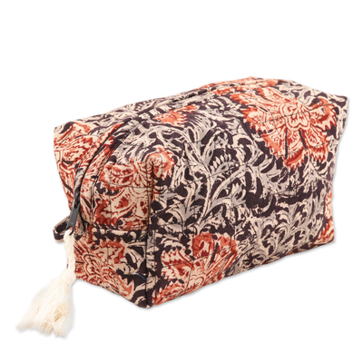 Cotton cosmetic bag, 'Floral and Traditional' - Indian Floral Cotton Cosmetic Bag in Black Tones