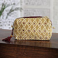 Cotton cosmetic bag, 'Yellow and Precious' - Indian Cotton Cosmetic Bag with Mango Wood Bird Charm