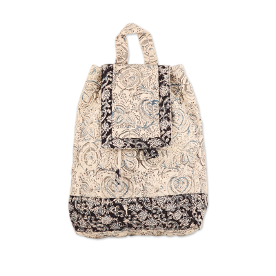 Block-Printed Quilted Cotton Backpack in Ecru and Blue