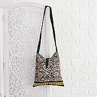 Cotton shoulder bag, 'Black Blossoms' - Block-Printed Cotton Shoulder Bag with Floral Motifs