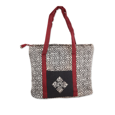 Quilted cotton tote bag, 'Diamond Labyrinth' - Quilted Cotton Tote Bag with Block-Printed Pattern