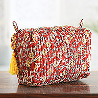 Quilted cotton cosmetic bag, 'Red and Elegant' - Indian Cotton Cosmetic Bag in Vibrant Tones