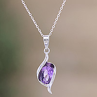 Amethyst pendant necklace, 'Blooming Bud in Purple' - Sterling Silver Amethyst Pendant Necklace from India