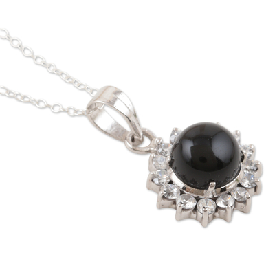 Onyx and cubic zirconia pendant necklace, 'Charming Midnight' - Sterling Silver Onyx and Cubic Zirconia Pendant Necklace