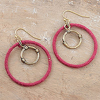 Brass dangle earrings, 'Dancing Rings' - Brass and Cotton Thread Dangle Earrings with Vibrant Rings