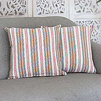 Embroidered cotton cushion covers, 'Jacquard Beauty' (pair) - Striped colourful Embroidered Cotton Cushion Covers (Pair)