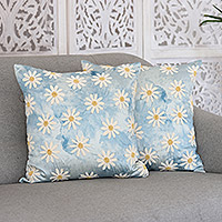 Embroidered cushion covers, 'Sky Daisies' (pair) - Floral Blue Embroidered Cushion Covers (Pair)