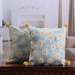 Embroidered cushion covers, 'Sky Daisies' (pair) - Floral Blue Embroidered Cushion Covers (Pair)