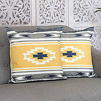 Cotton cushion covers, 'Morning Glances' (pair) - Printed Colorful Embroidered Cotton Cushion Covers (Pair)