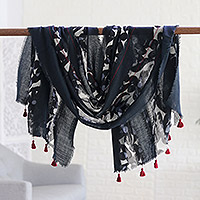 Wool shawl, 'Floral Magic' - Floral Patched Wool Shawl with Tassels Woven in India