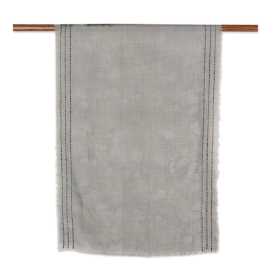 Chal de lana - Mantón de lana floral y cosido tejido en la India