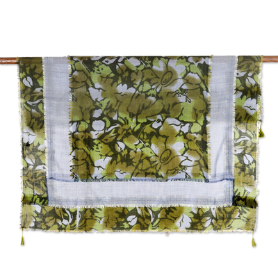 Wool scarf, 'Olive Bliss' - Floral Patched Wool Scarf with Tassels Woven in India