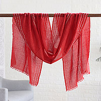 Wool shawl, 'Red Finesse' - Red Wool Shawl with Stitch Pattern Woven in India