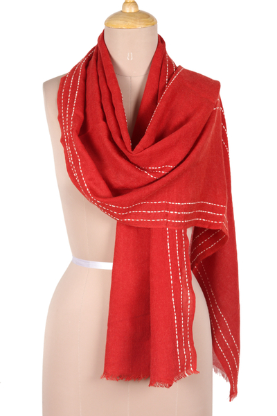 Red Wool Shawl with Stitch Pattern Woven in India