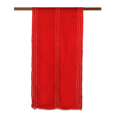 Chal de lana - Mantón de lana roja con patrón de punto tejido en la India