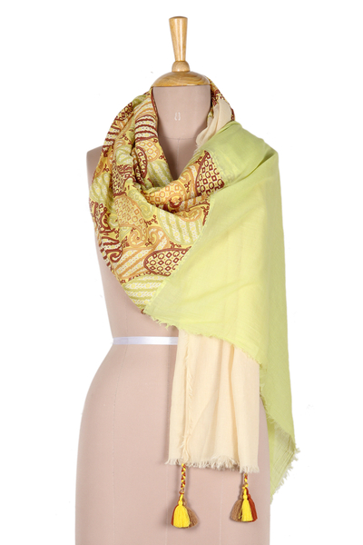 Wool blend shawl, 'Chartreuse India' - Paisley Chartreuse Wool and Silk Shawl with Colorful Tassels