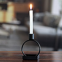 Iron candle holder, 'Modern Glow' - Black Powder Coated Wrought Iron Candle Holder from India